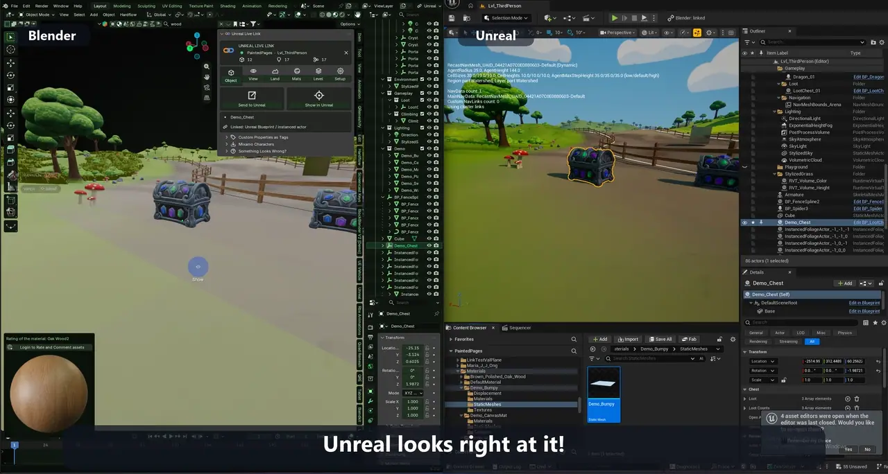 A treasure chest is lifted, spun and scaled in Blender, and the same chest moves in Unreal Engine at the same time.