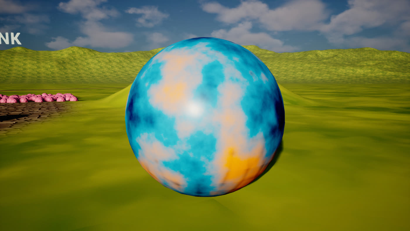 A procedural marbled sphere in Unreal, rendered from a Blender node tree.