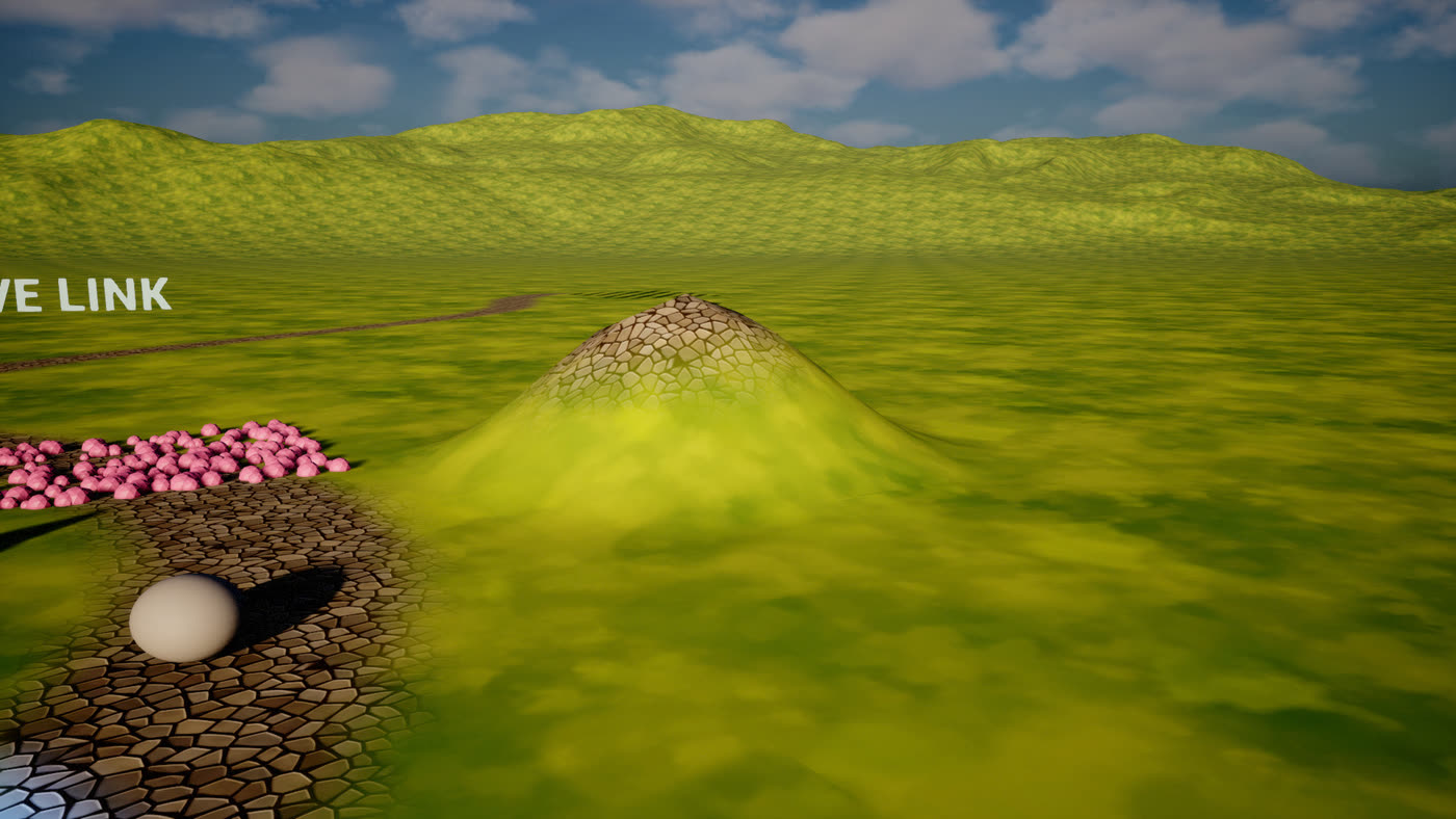 An Unreal landscape with a sculpted hill and painted rock and grass layers.