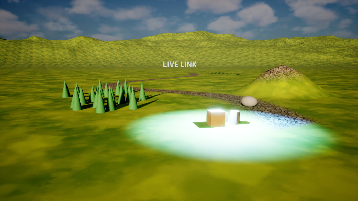 An Unreal level with trees, a lit pool of light, a crate and a rock, mirrored from Blender.