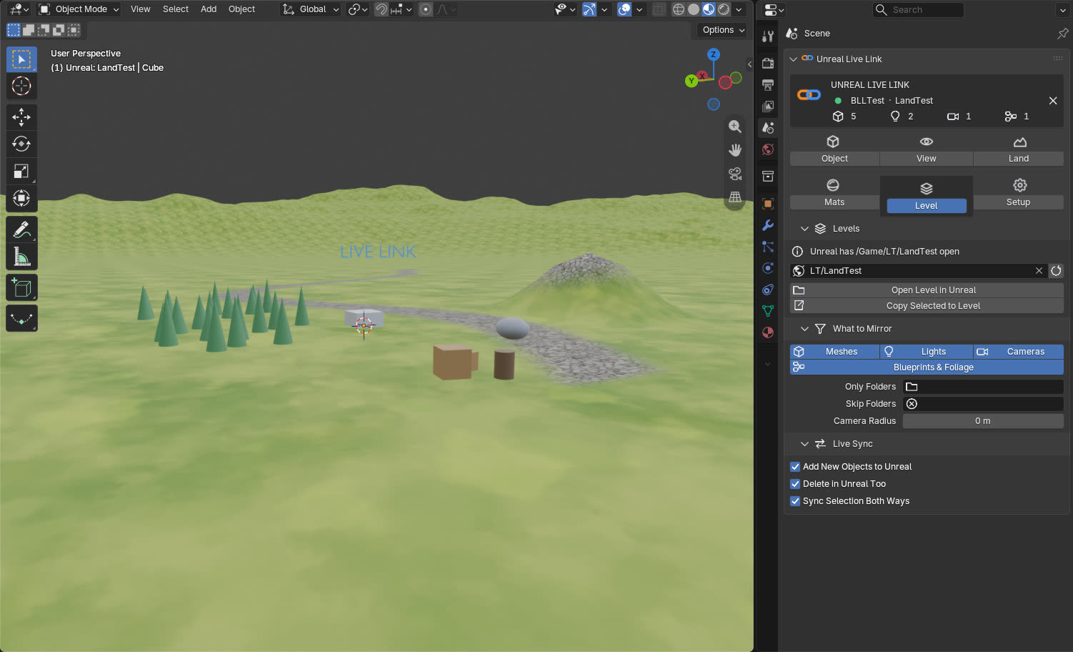 Blender's 3D view showing a linked Unreal level, with the Unreal Live Link panel open on the right.